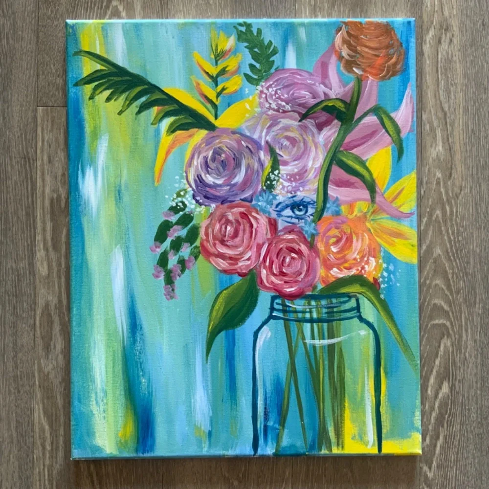 Eye in Flowers Hand-painted Unique Original Floral Art Picture Acrylic on Canvas